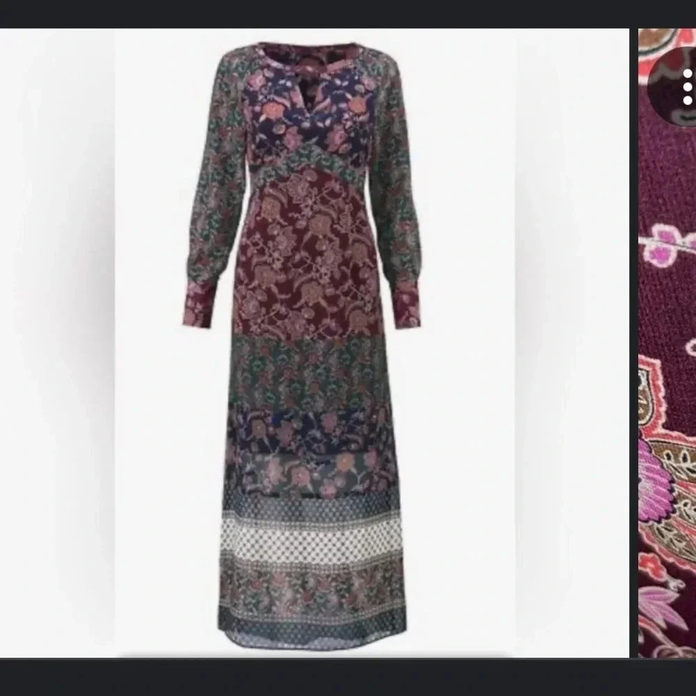 Cabi Pastime Dress Womens Small Floral Patchwork Boho Maxi Long Sleeve V-Neck